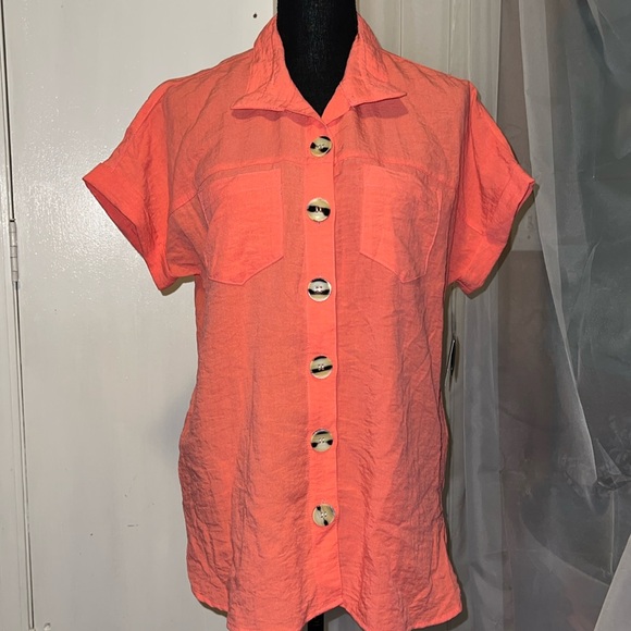 New John Mark Button Down Top Coral Color - Picture 1 of 9